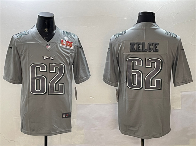 Men's Grey Philadelphia Eagles #62 Jason Kelce 2025 Super Bowl LIX Patch Atmosphere Fashion Vapor Untouchable Limited Stitched Football Jersey
